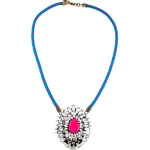 Shourouk Neon Pink and Blue Crystal and Cord Pendant Necklace